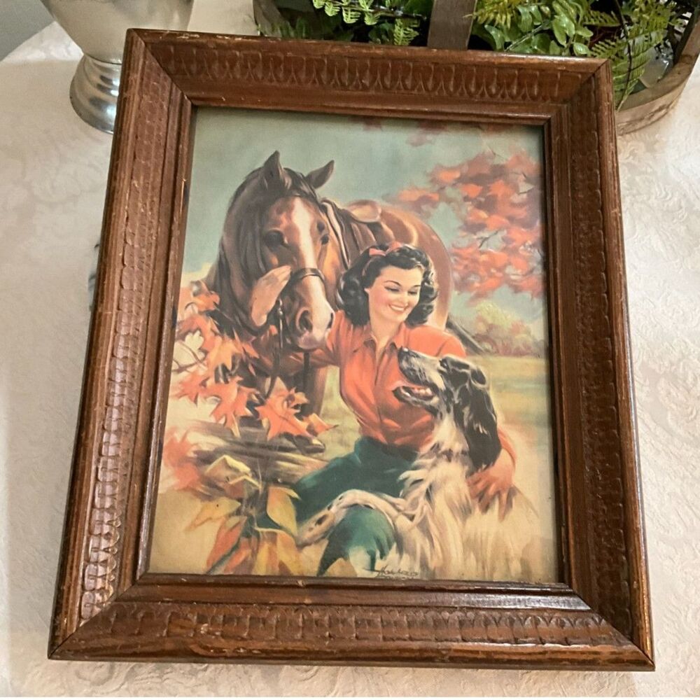 Vintage Howard Connolly framed calendar art print woman, horse, dog 1940's 50's